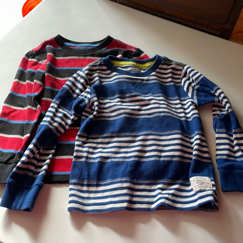 Tough skins size 4t 2 longsleeve striped shirts,1blue, red,gray,1 blue and white